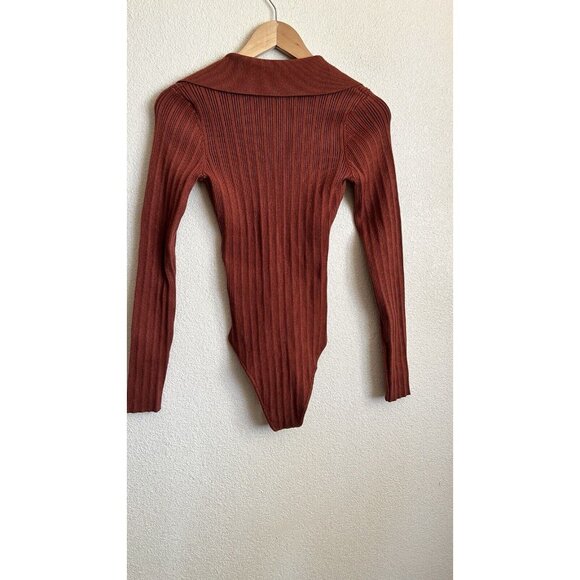 Lulu's Timeless Design Rust Brown Ribbed Button-Up Long Sleeve Bodysuit Size L - Picture 6 of 7